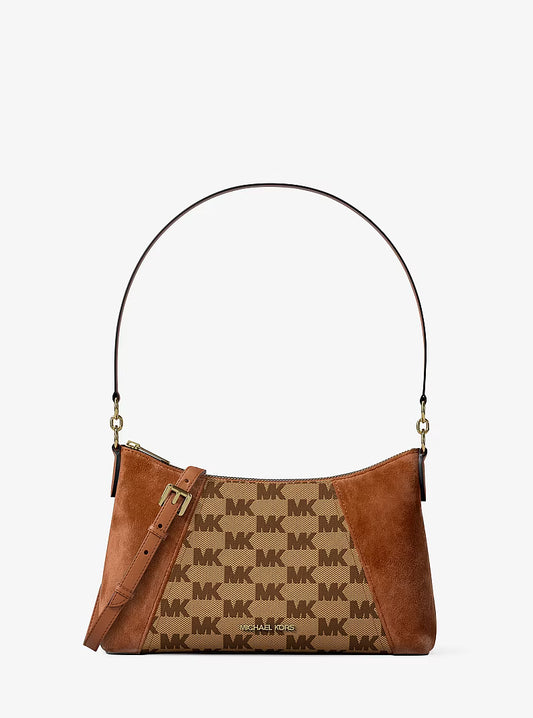 Bolso bandolera convertible Michael Kors Sienna, modelo 38T6G4SC8J, color BEIGE/EBONY en jacquard con logo y ante, nuevo con etiquetas (NWT)