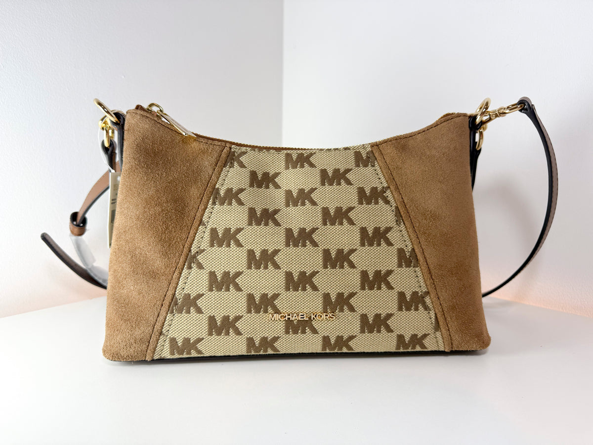 NWT Michael Kors 38T6G4SC8J Sienna Beige/Ebony Logo Jacquard and Suede Convertible Crossbody Bag