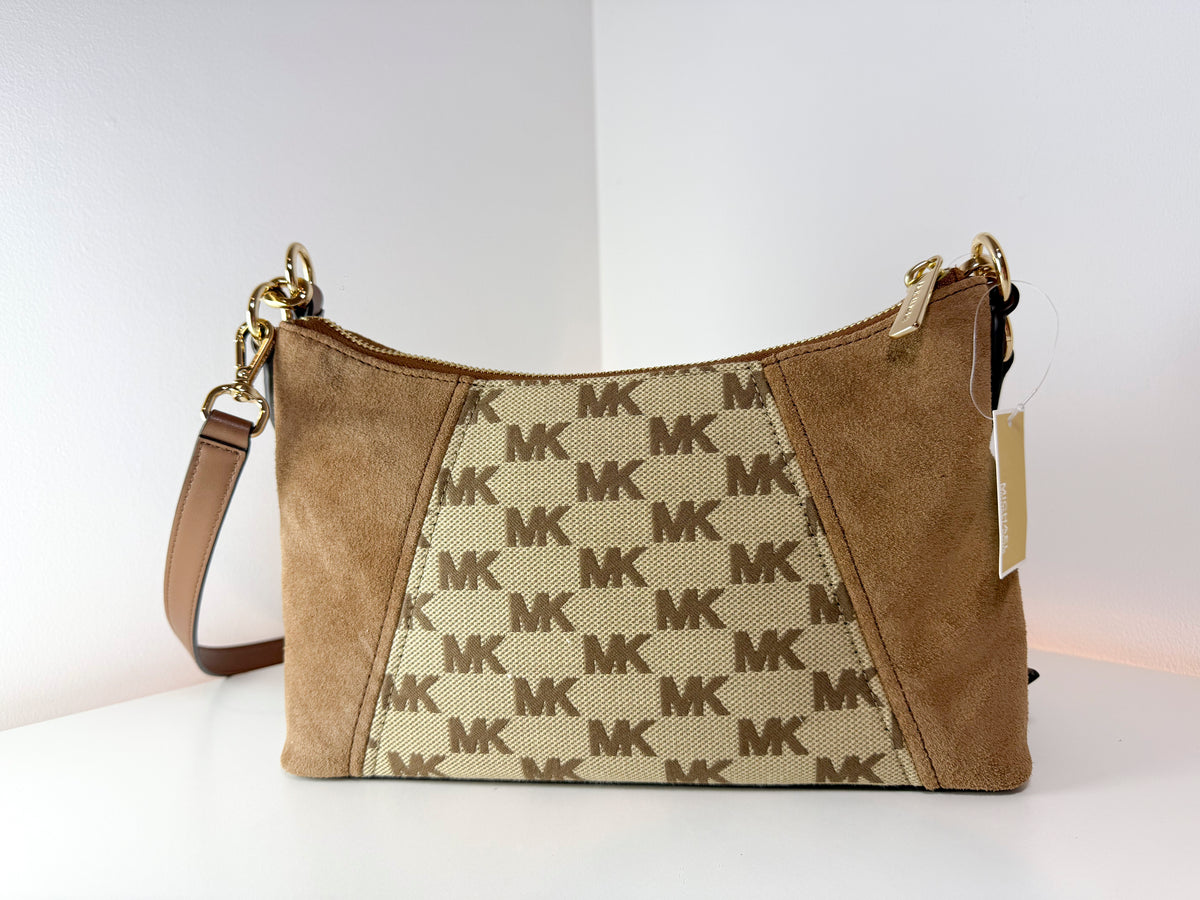 NWT Michael Kors 38T6G4SC8J Sienna Beige/Ebony Logo Jacquard and Suede Convertible Crossbody Bag