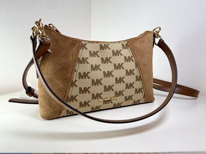NWT Michael Kors 38T6G4SC8J Sienna Beige/Ebony Logo Jacquard and Suede Convertible Crossbody Bag