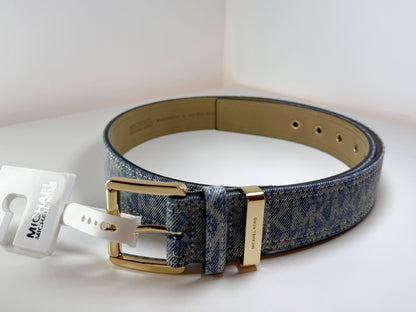 NWT Michael Kors MKWB563271C MK Logos Belt Women's Medium Denim, Gold-Tone Hardware