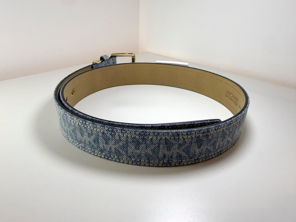 NWT Michael Kors MKWB563271C MK Logos Belt Women's Medium Denim, Gold-Tone Hardware