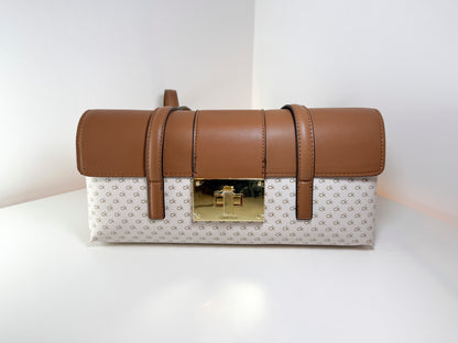 Bolso de hombro Calvin Klein para mujer, nuevo con etiquetas, diseño de tres compartimentos, color marrón con solapa de lona blanca