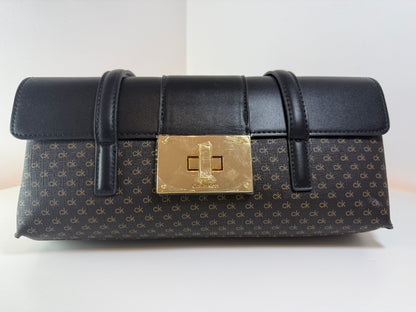 NWT Calvin Klein H6DZJAH8 Women's Triple Compartment Black with Brown Canvas Flap Shoulder Bag
