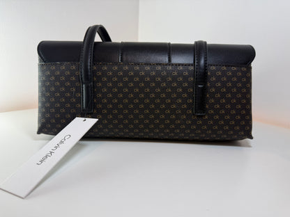 NWT Calvin Klein H6DZJAH8 Women's Triple Compartment Black with Brown Canvas Flap Shoulder Bag